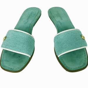ERIC JAVITS 7.5 M Turquoise Raffia Leather Sandals